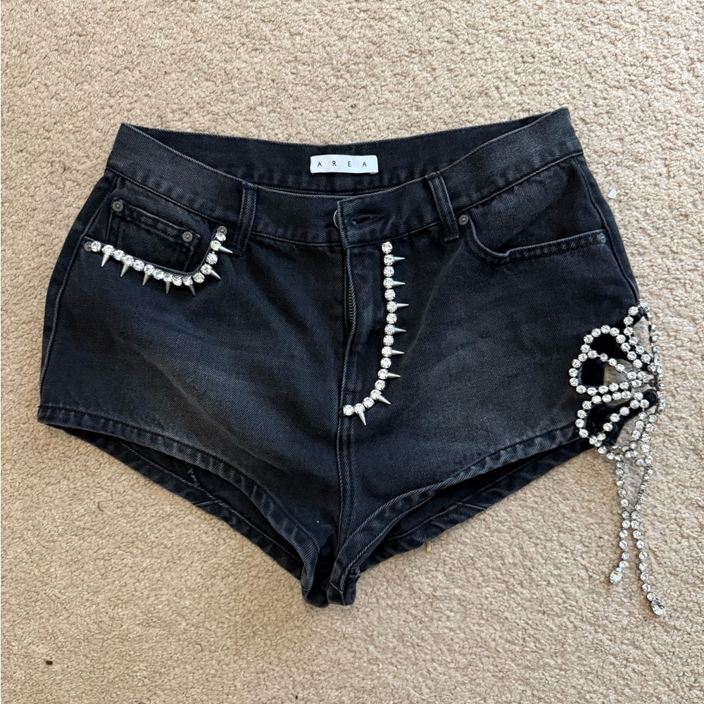 AREA Black Crystal Embellished Jean Shorts